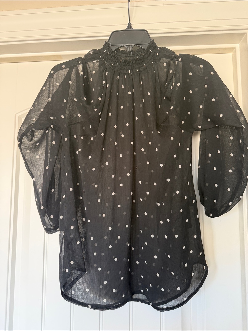 Black Polka Dot Sheer Blouse with Smocked High Neck